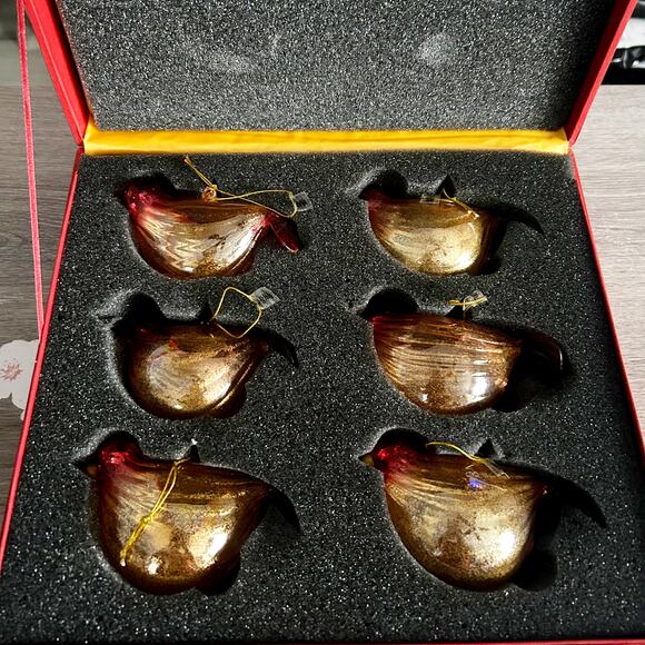 Handblown Art Glass Red & Gold Bird Holiday Ornaments Spun Glass 4.5" Set of 6 - Picture 1 of 7
